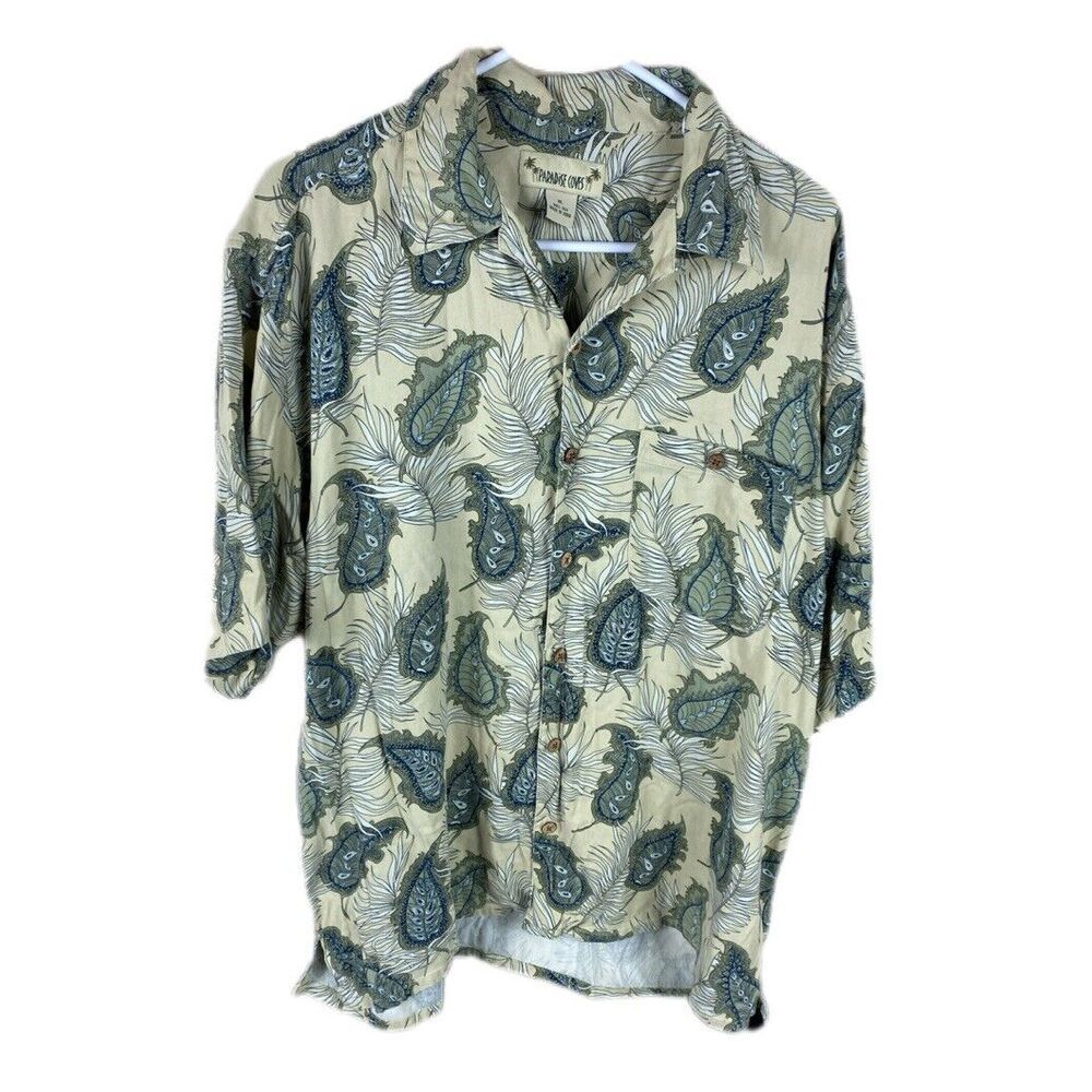 Paradise Coves Silk‎ Hawaiian Shirt Mens XL Beige Button Up Short Sleeve Floral